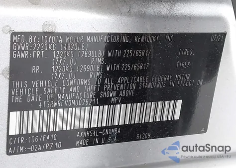 2021 Toyota Rav4 Hybrid Xle from USA, damaged, VIN 4T3RWRFV0MU026211